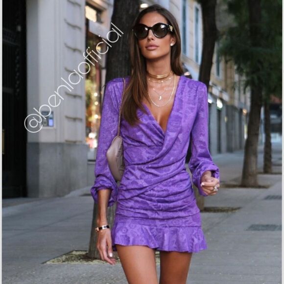 ZARA WRAP FRONT DRESS PURPLE LILAC JACQUARD - Picture 1 of 15